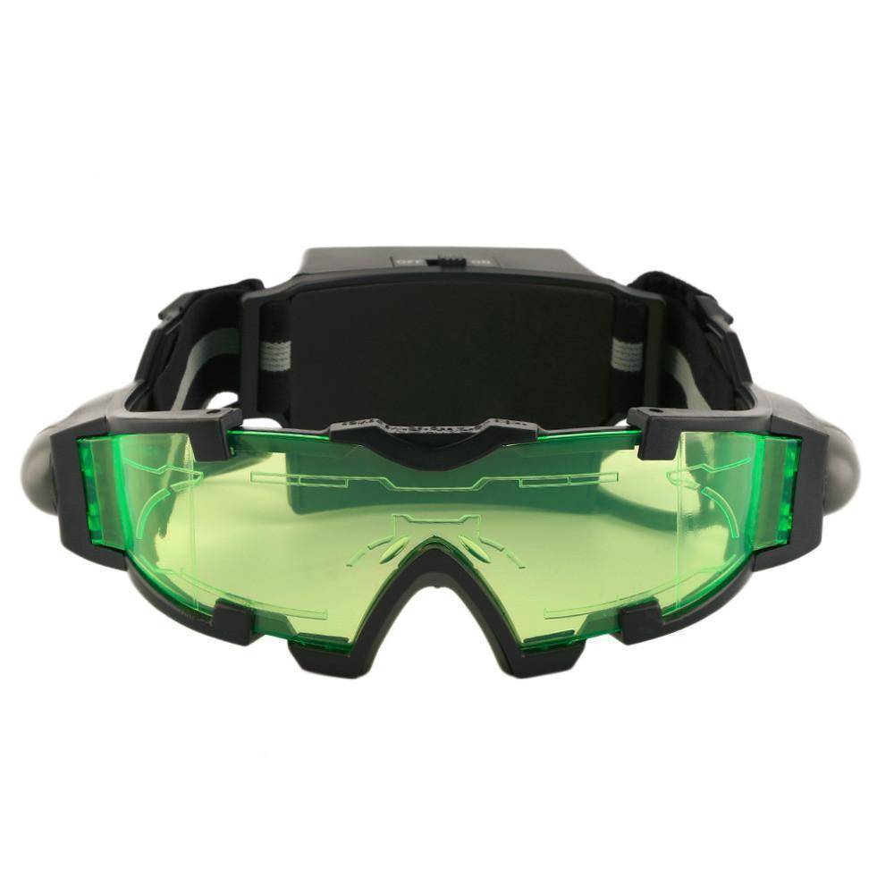 Night vision goggles featuring adjustable head strap and flip-out lights, ideal for camping & exploration