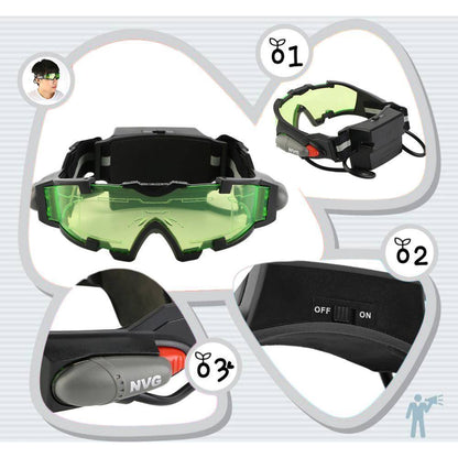 Tactical night vision goggles with green-tinted lens and bright flip-out illumination for outdoor gear