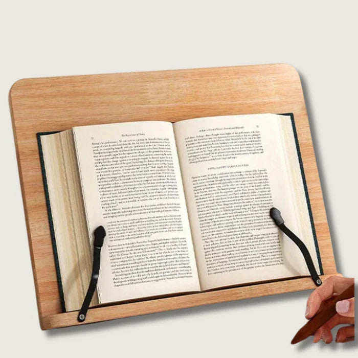 Adjustable pine wood book stand for hands-free reading & learning, perfect for desks & tablets.
