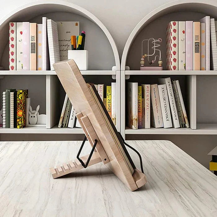 Foldable wooden book stand with adjustable angles, ideal for hands-free reading, cookbooks & tablets.