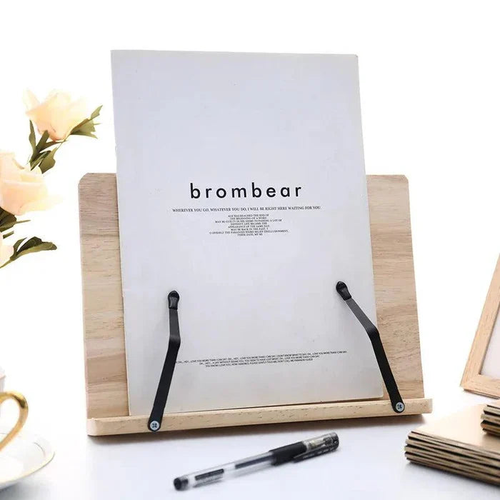 Elegant pine wood reading stand, a versatile book holder & tablet accessory for hands-free study.