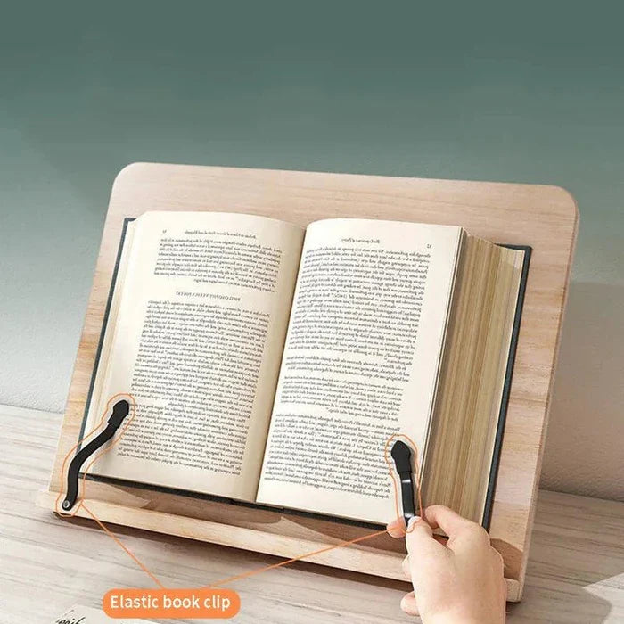Adjustable wooden book stand for hands-free textbook reading, a sturdy desk accessory for students.