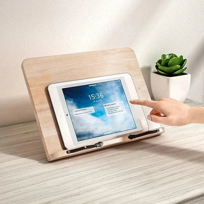 Portable wooden book holder, a foldable tablet stand and desk accessory for comfortable learning.