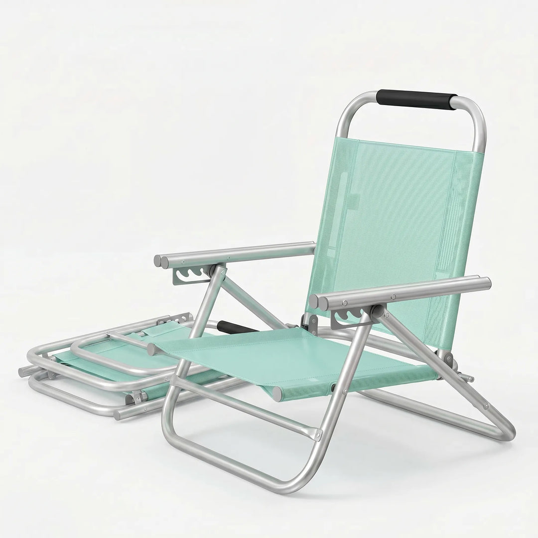Easy-to-carry portable beach chair with adjustable back. Essential lightweight summer outdoor relaxation furniture.