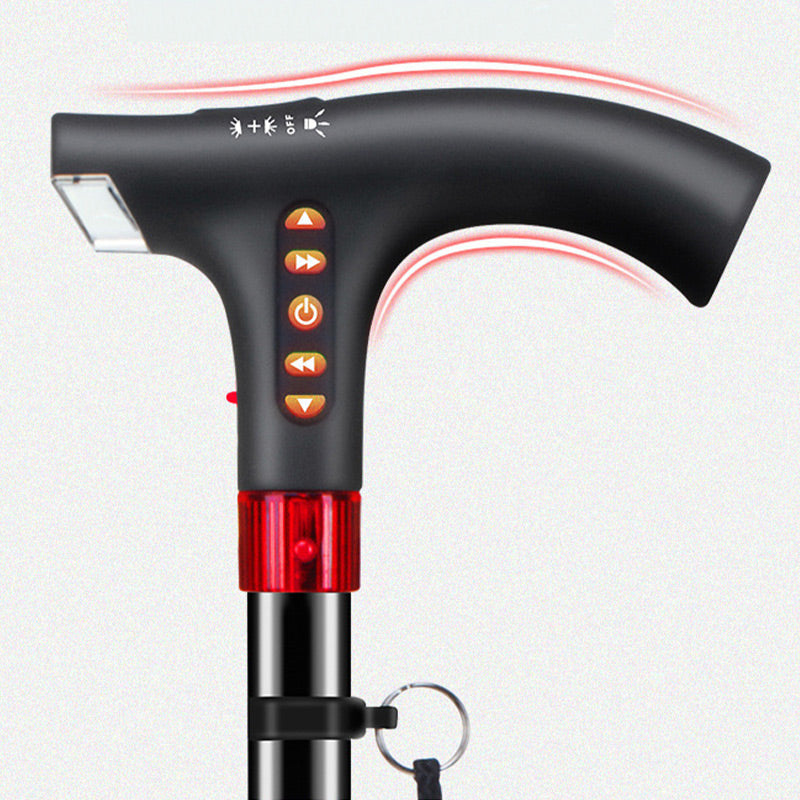 Adjustable smart walking stick with LED light, radio, and emergency alarm for senior safety.