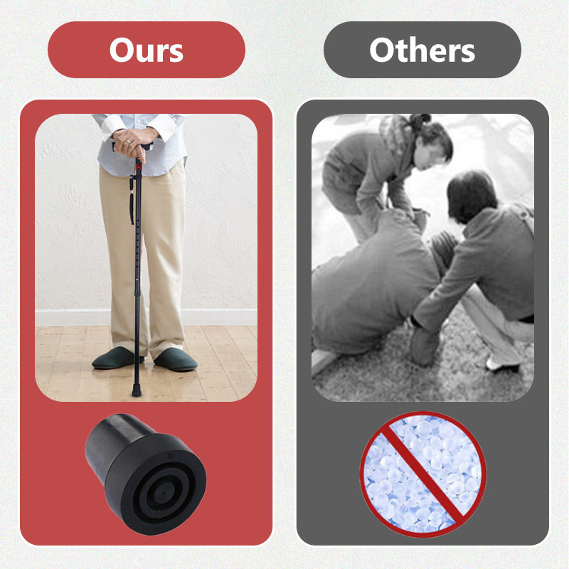 Smart walking stick with bright LED, built-in radio, and emergency alarm for enhanced safety.