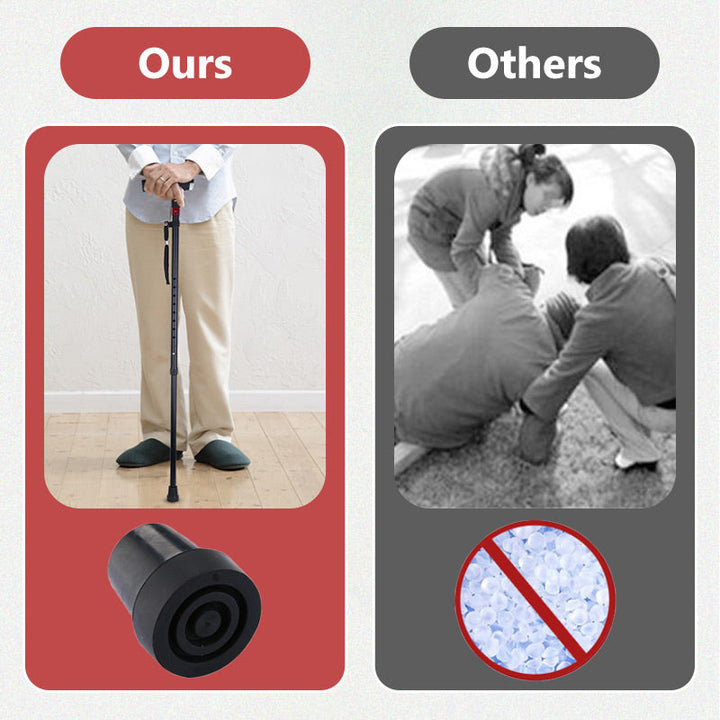 Smart walking stick with bright LED, built-in radio, and emergency alarm for enhanced safety.