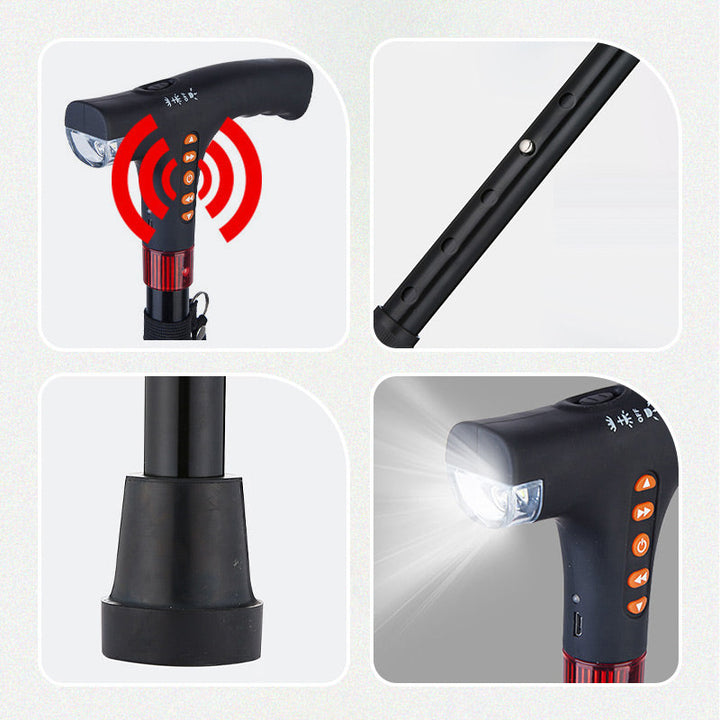 Adjustable smart walking cane, an assistive device with LED light, radio, and alarm for support.
