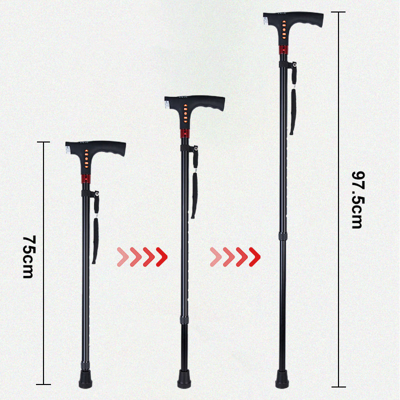 High-tech smart walking stick, a safety mobility aid with LED, radio, and emergency alarm for seniors.