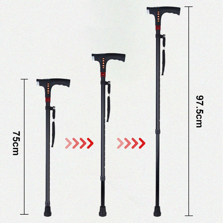 High-tech smart walking stick, a safety mobility aid with LED, radio, and emergency alarm for seniors.