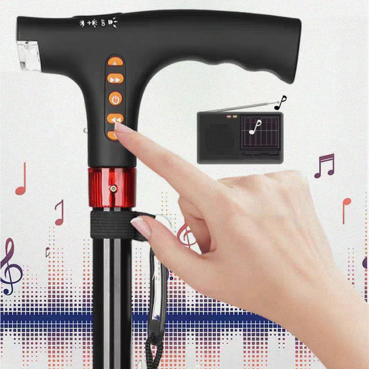 Senior support adjustable walking stick, equipped with LED light, FM radio, and emergency alarm.