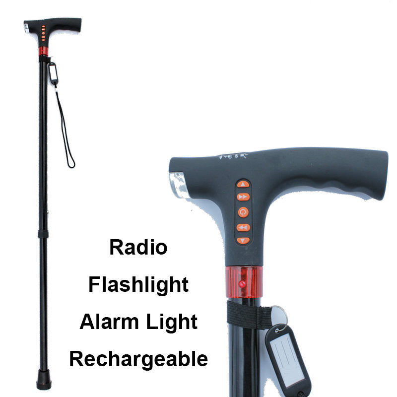 Smart adjustable walking stick; mobility aid for seniors with LED, radio, and emergency alarm.