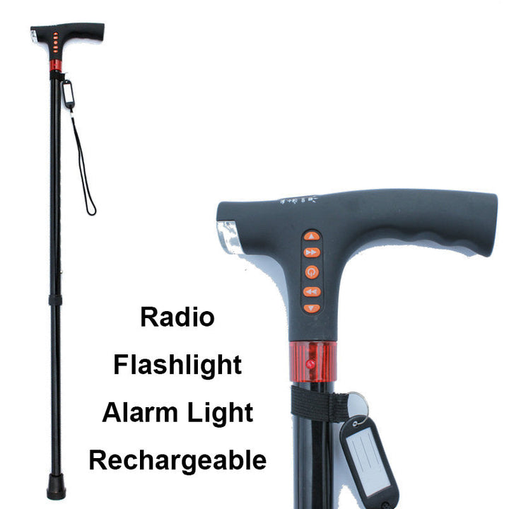 Smart adjustable walking stick; mobility aid for seniors with LED, radio, and emergency alarm.