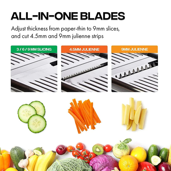 Stainless steel mandoline slicer with safety hand guard for easy & safe slicing of potatoes & carrots.