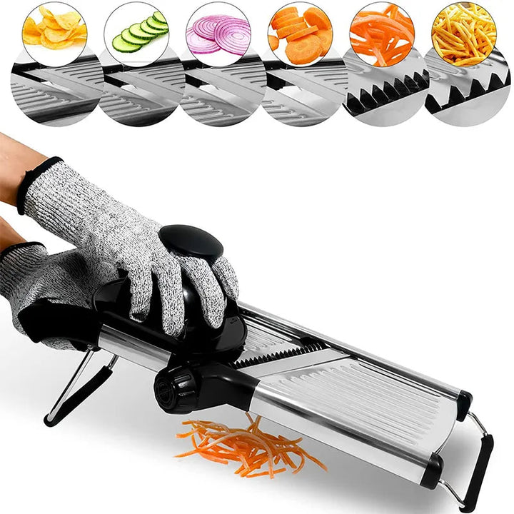 Modern stainless steel mandoline slicer on a kitchen counter, ready for efficient home cooking & meal prep.