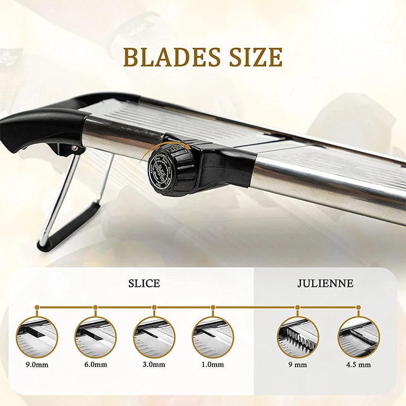 Durable adjustable stainless steel mandoline slicer, essential kitchen gadget for quick food preparation.