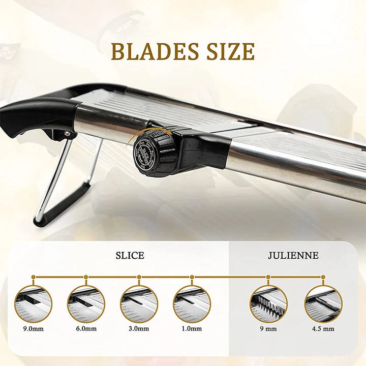 Durable adjustable stainless steel mandoline slicer, essential kitchen gadget for quick food preparation.