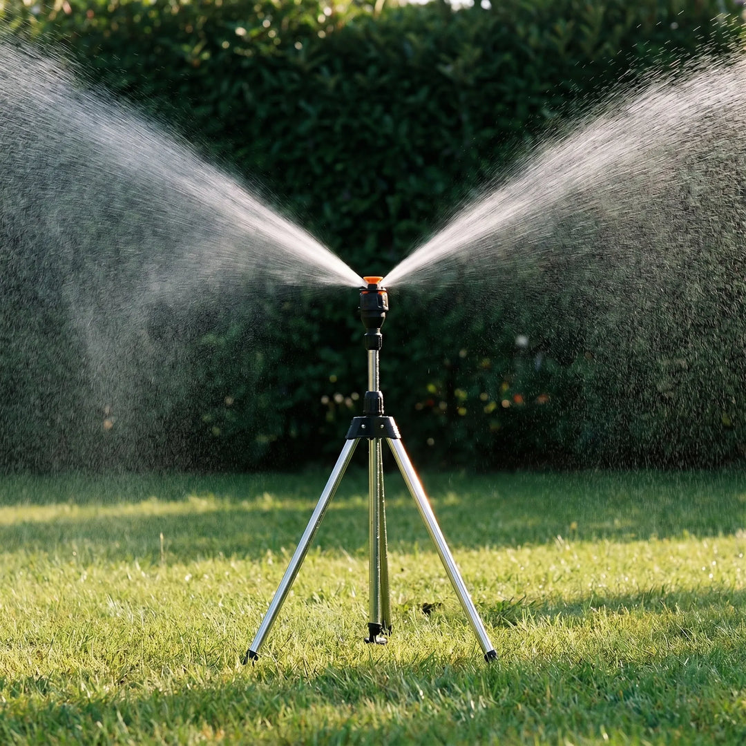 Adjustable telescopic tripod lawn sprinkler for efficient garden watering and yard irrigation.