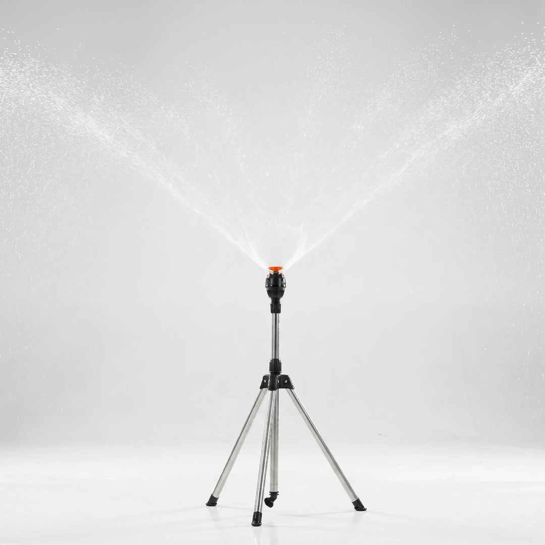 Stainless steel adjustable tripod sprinkler provides even spray for lawn and garden outdoor irrigation.