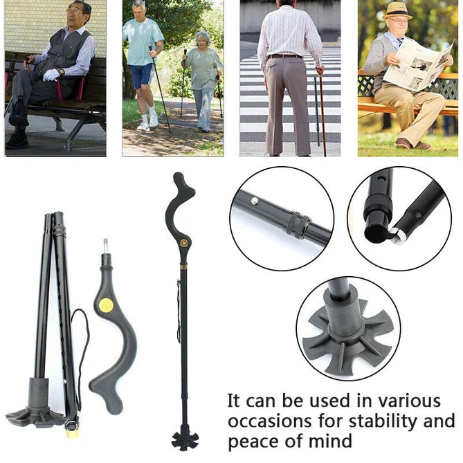 Seniors using an adjustable walking stick for improved balance, independence, and mobility aid.