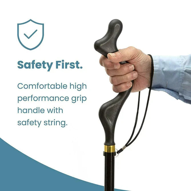 Durable adjustable walking stick with comfortable ergonomic grip for seniors' mobility and stability support.