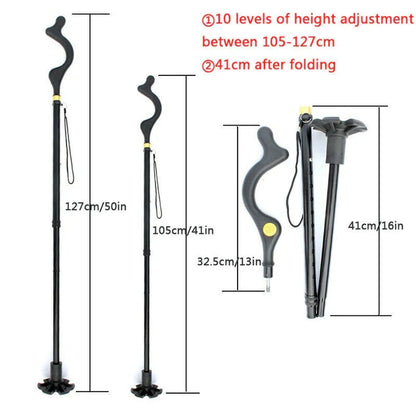 Elderly gaining stability and posture correction with an adjustable walking stick mobility aid.
