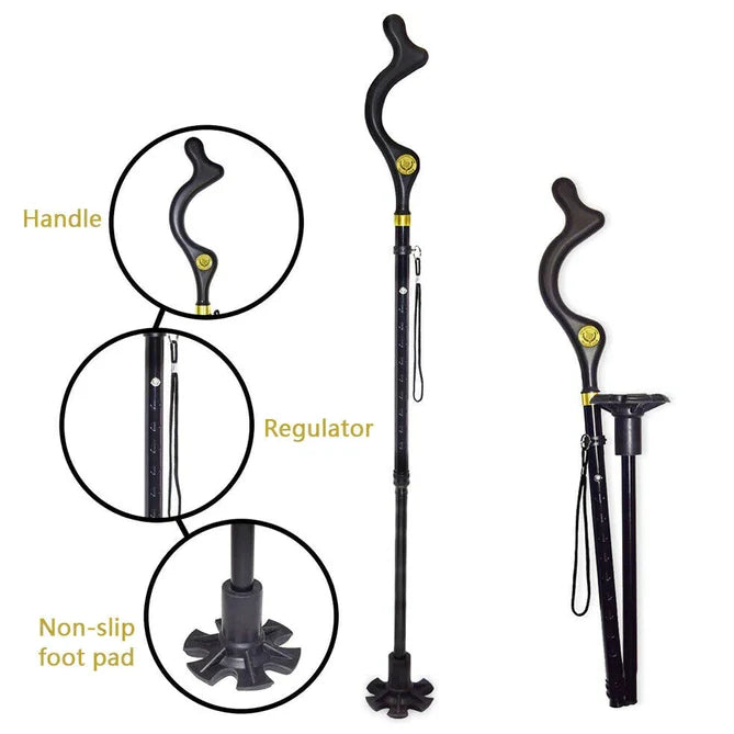 Senior walking comfortably with an adjustable ergonomic walking stick for balance assist and support.