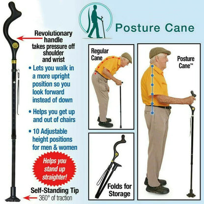 Ergonomic grip walking stick, adjustable for seniors' comfort, stability, and posture correction.