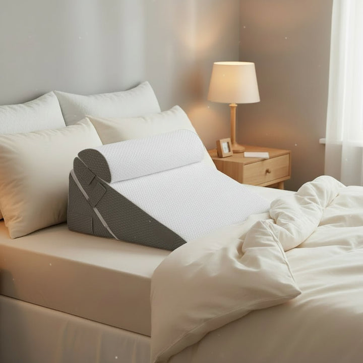 Adjustable wedge pillow for back and leg comfort, support & elevation. Perfect for relaxation and sleep aid.