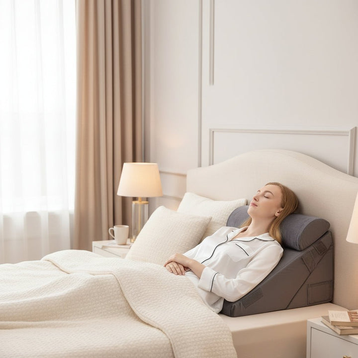 Multi-angle adjustable wedge pillow offers personalized back & leg support for ergonomic comfort & improved posture.
