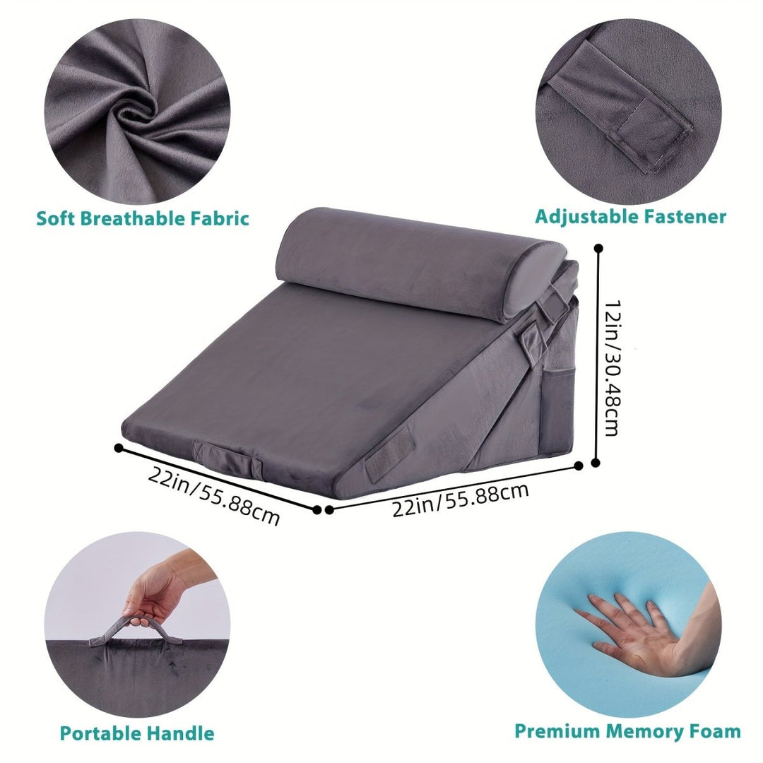 Adjustable sleep wedge pillow for improved sleeping posture, ultimate comfort, and restful nights. Back & leg support.