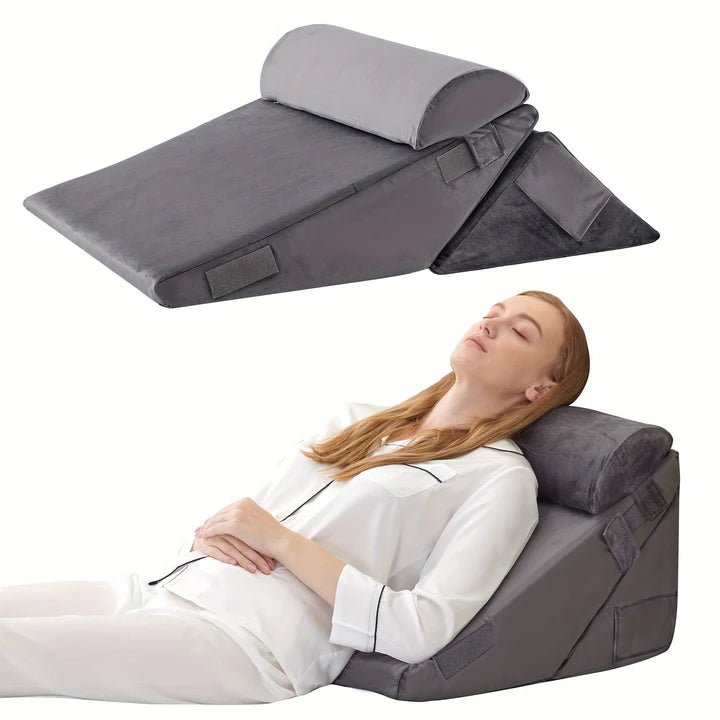 Convertible adjustable wedge pillow set for versatile back, leg, and neck support. Enhances home comfort and relaxation.