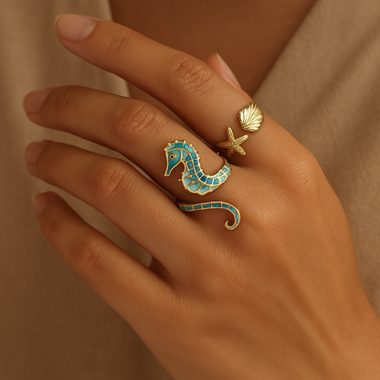 Adjustable women's ocean seahorse ring set in stainless steel, perfect for beach style jewelry lovers.