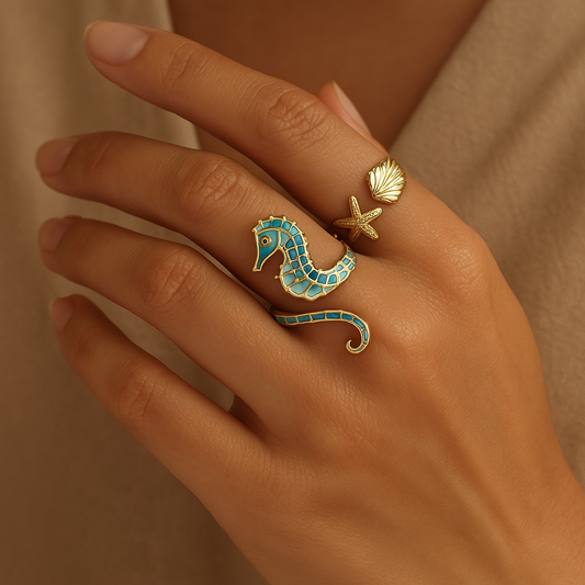 Adjustable women's ocean seahorse ring set in stainless steel, perfect for beach style jewelry lovers.