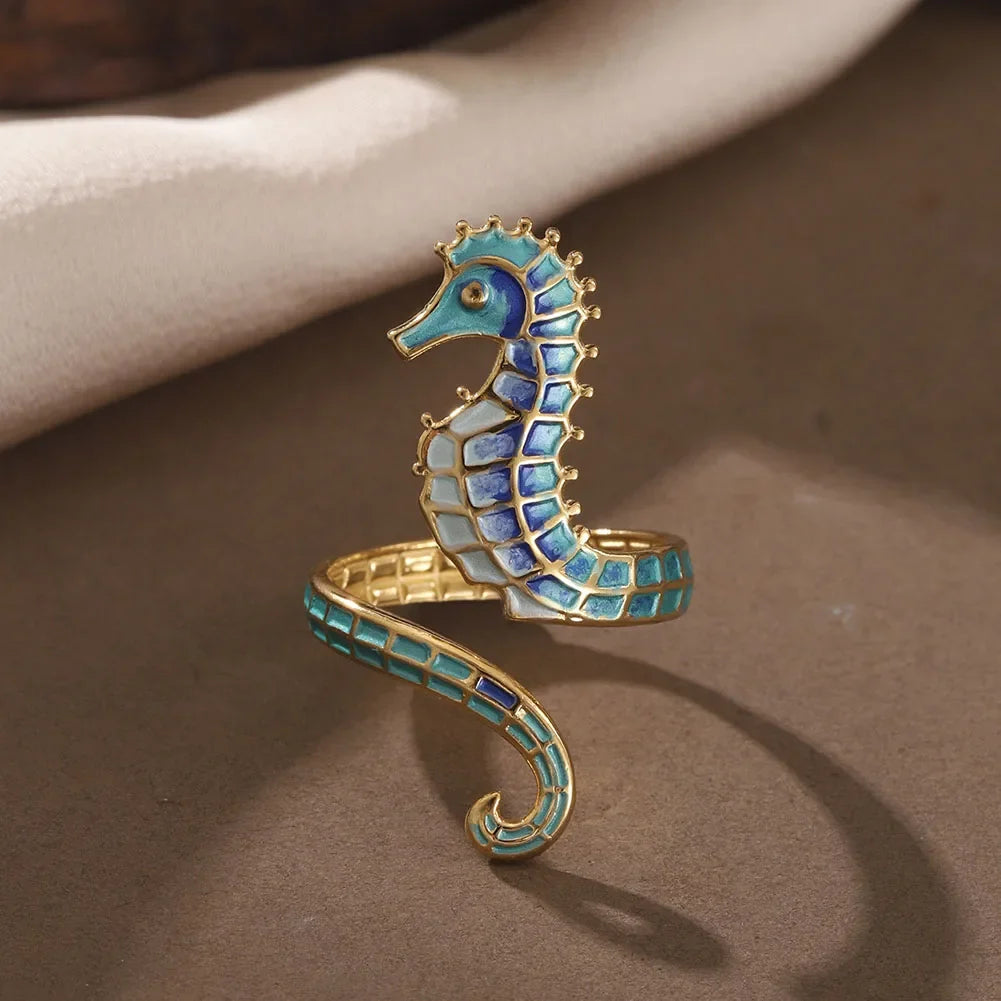 Stylish women's stainless steel ocean seahorse ring set, an adjustable fashion accessory for any occasion.