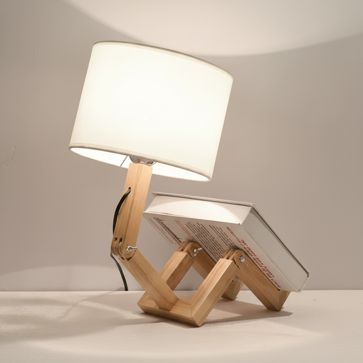 Stylish wooden robot bedside lamp, adjustable for reading, with a soft ambient fabric shade.