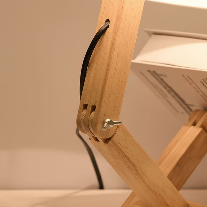 Unique wooden robot desk lamp, adjustable design & fabric shade, ideal for decorative home lighting.