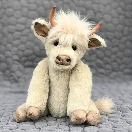 Adorable Highland cow plush toy with a beautiful floral crown, handcrafted from soft alpaca fiber.