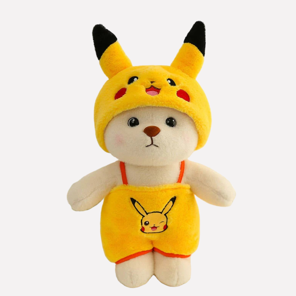 Adorable plush bear toy in a cute character costume, a soft cuddly gift for kids & delightful nursery decor.