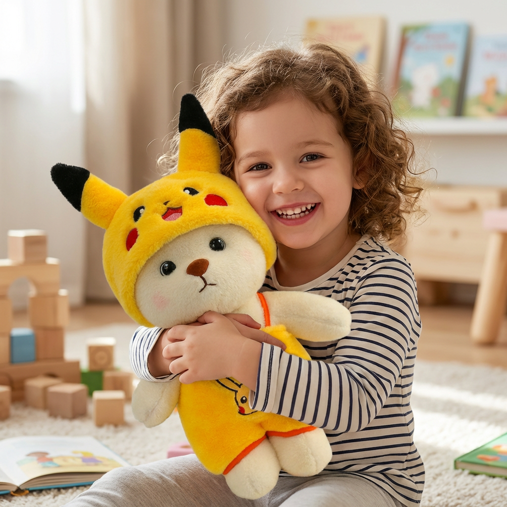 Soft plush bear stuffed animal, dressed in a fun character costume for children's playtime & snuggles.