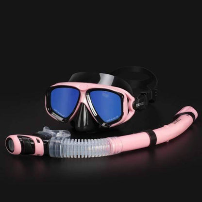 Diving goggles and dry snorkel set, anti-fog tempered glass for clear underwater gear