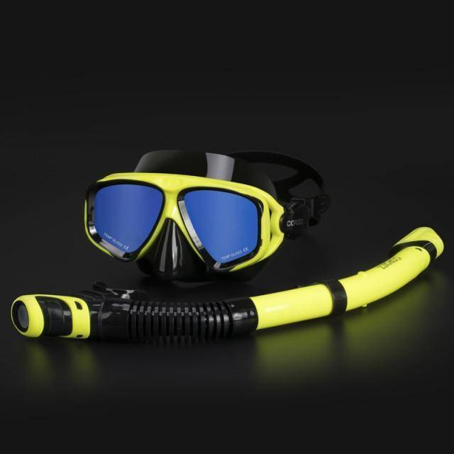 Snorkel mask & dry snorkel combo, anti-fog tempered glass for panoramic diving in water sports