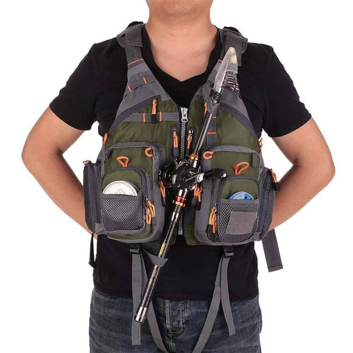 Adult outdoor fishing vest with multiple pockets for angling and kayak fishing gear