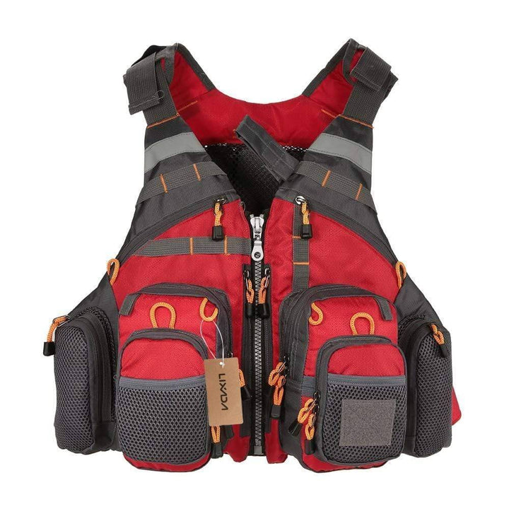 Front view of an adult outdoor fishing vest showing various storage compartments