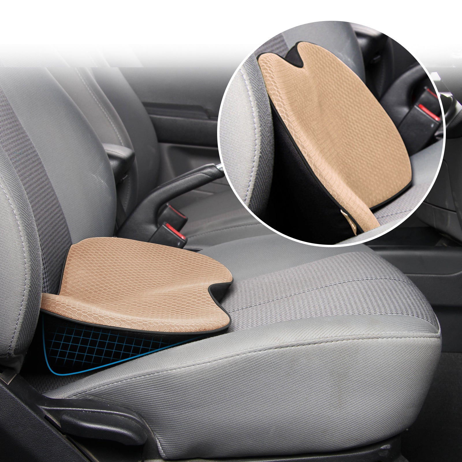 Adult car booster seat cushion in a vehicle, enhancing driving visibility & comfort.