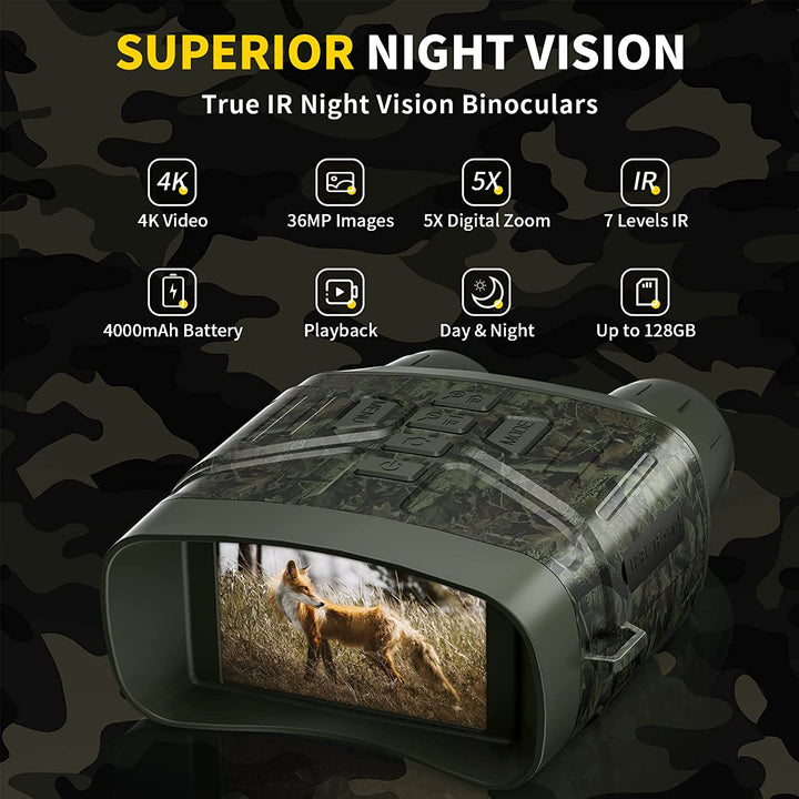 Advanced digital night vision binoculars with IR for nighttime exploration, tactical use & observation.