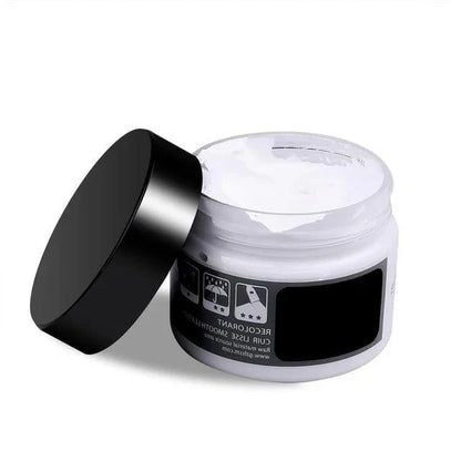 Versatile leather repair gel fixing scuffs on a leather shoe and a bag, perfect for accessories.