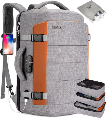 AeroPack 40L unisex water-resistant travel laptop backpack with USB port & anti-theft lock for organized trips.