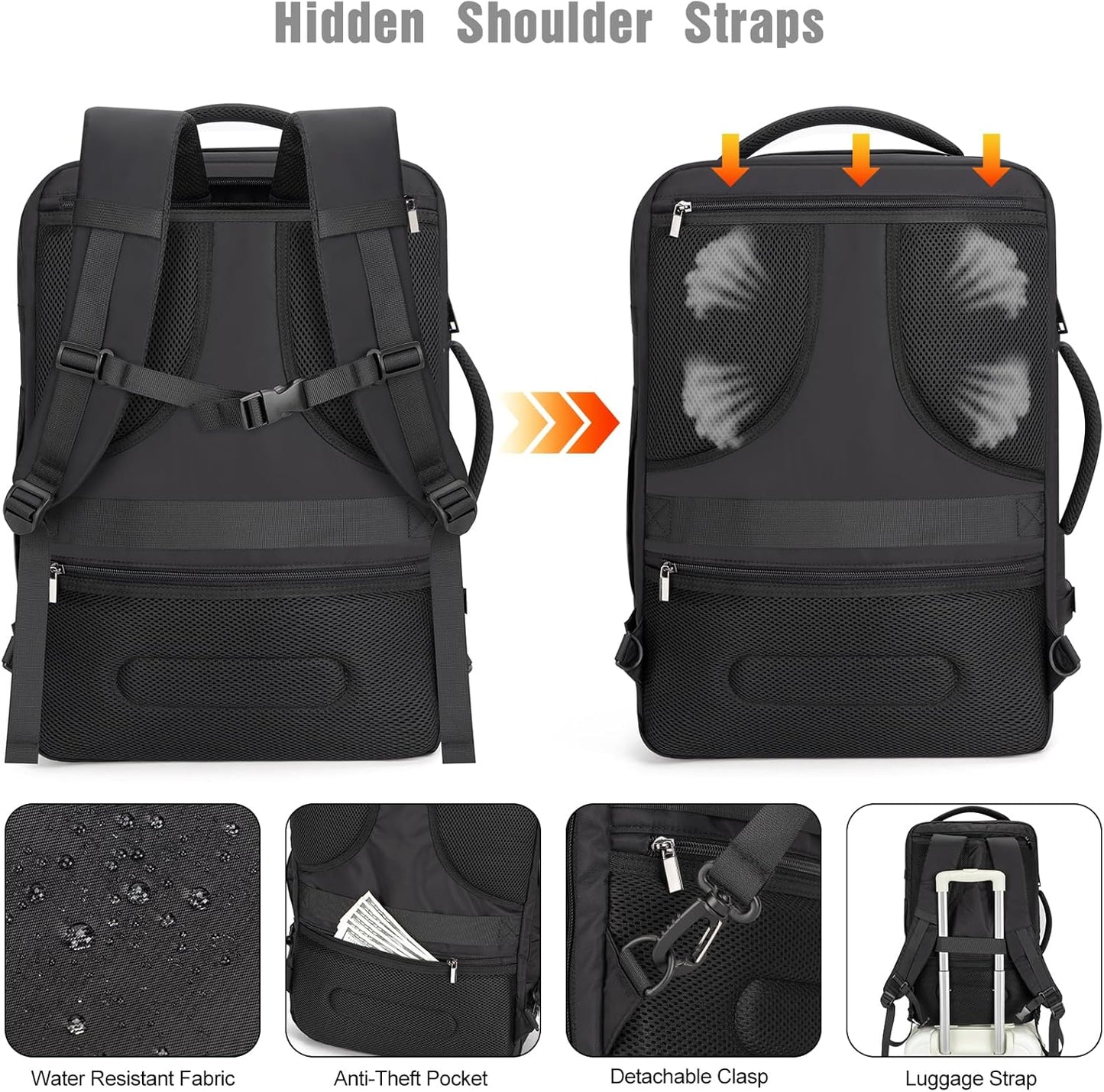 Front view of AeroPack anti-theft travel backpack, showcasing its sleek design & secure zippers for peace of mind.