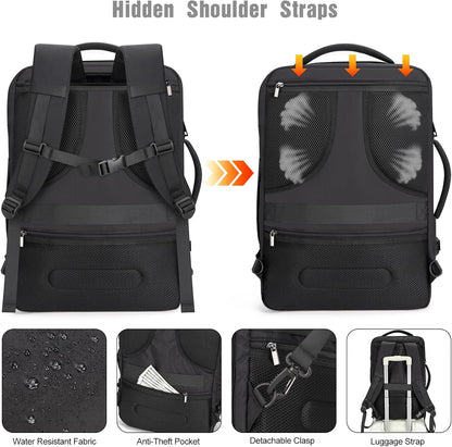Front view of AeroPack anti-theft travel backpack, showcasing its sleek design & secure zippers for peace of mind.